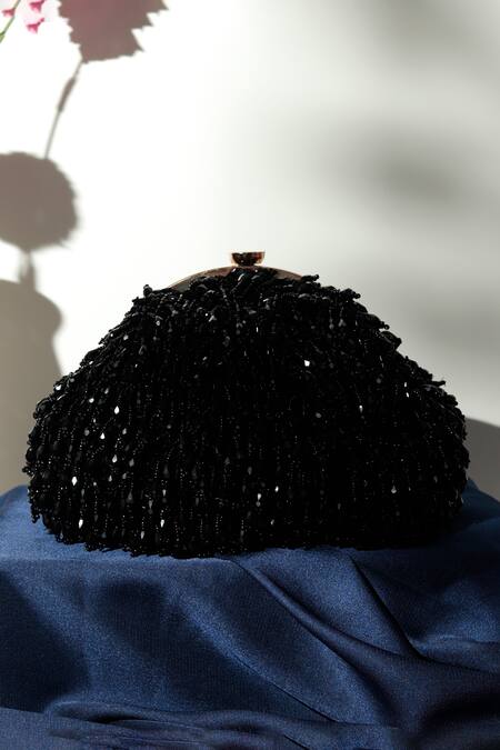 The Tan Clan_Black Crystals, Beads Rosa Fringe Embellished Potli Bag _Online_at_Aza_Fashions