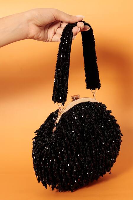 The Tan Clan_Black Crystals, Beads Rosa Fringe Embellished Potli Bag _at_Aza_Fashions