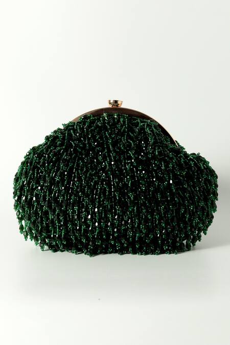 The Tan Clan_Green Crystals Rosa Beaded Fringe Embellished Potli Bag _Online_at_Aza_Fashions