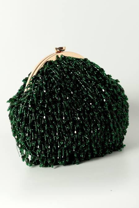 Buy_The Tan Clan_Green Crystals Rosa Beaded Fringe Embellished Potli Bag _Online_at_Aza_Fashions