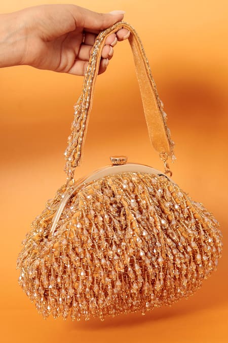 THE TAN CLAN Gold Crystals Rosa Beaded Fringe Embellished Potli Bag