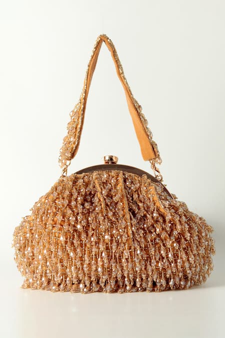 The Tan Clan Gold Crystals, Beads Rosa Fringe Embellished Potli Bag Online at Aza Fashions The Tan Clan_Gold Crystals, Beads Rosa Fringe Embellished Potli Bag _Online_at_Aza_Fashions