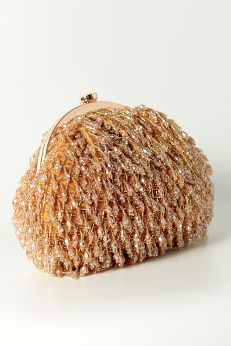 Shop The Tan Clan Gold Crystals, Beads Rosa Fringe Embellished Potli Bag Online at Aza Fashions Shop_The Tan Clan_Gold Crystals, Beads Rosa Fringe Embellished Potli Bag _Online_at_Aza_Fashions