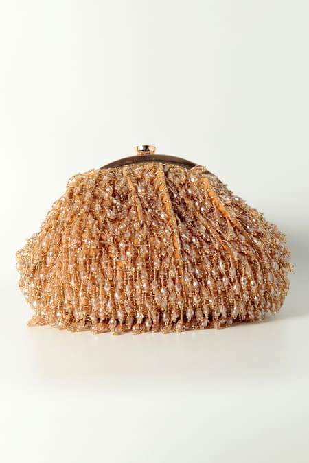 The Tan Clan Gold Crystals, Beads Rosa Fringe Embellished Potli Bag at Aza Fashions The Tan Clan_Gold Crystals, Beads Rosa Fringe Embellished Potli Bag _at_Aza_Fashions