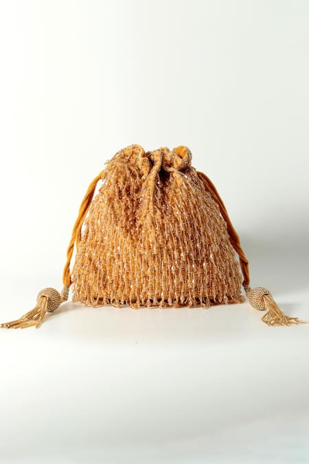 Shop_The Tan Clan_Gold Crystals, Beads Rosa Glass Fringe Encrusted Potli Bag _at_Aza_Fashions