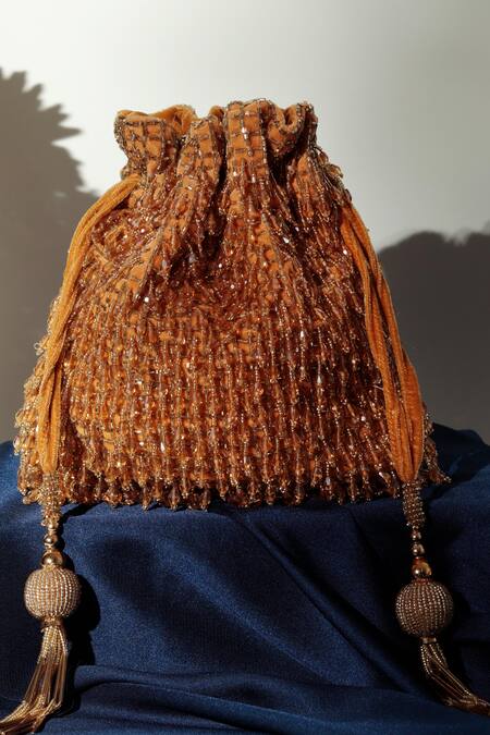 The Tan Clan_Gold Crystals, Beads Rosa Glass Fringe Encrusted Potli Bag _Online_at_Aza_Fashions