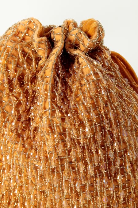Buy_The Tan Clan_Gold Crystals, Beads Rosa Glass Fringe Encrusted Potli Bag _Online_at_Aza_Fashions
