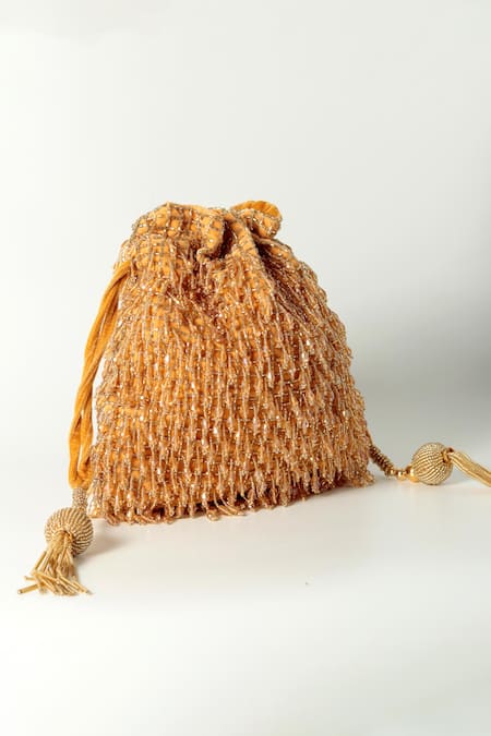 Shop_The Tan Clan_Gold Crystals, Beads Rosa Glass Fringe Encrusted Potli Bag _Online_at_Aza_Fashions