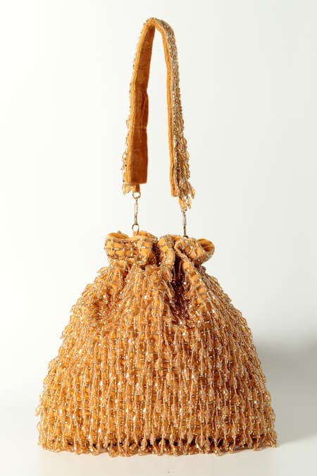 The Tan Clan_Gold Crystals, Beads Rosa Glass Fringe Encrusted Potli Bag _at_Aza_Fashions