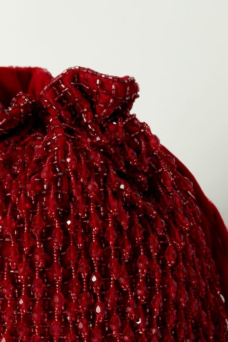The Tan Clan_Red Crystals, Beads Rosa Fringe Encrusted Potli Bag _Online_at_Aza_Fashions
