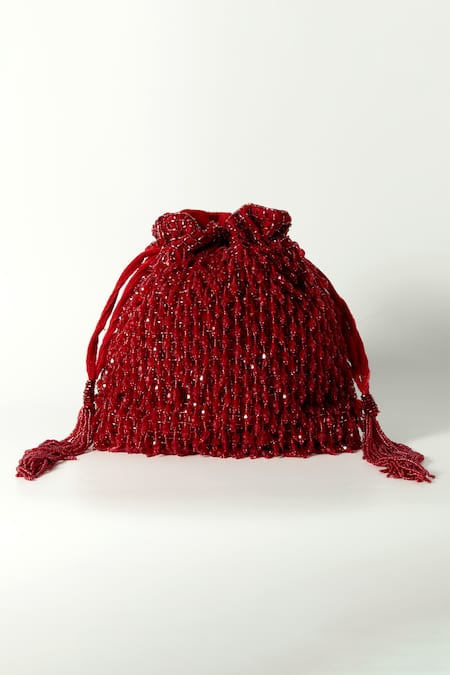 Buy_The Tan Clan_Red Crystals, Beads Rosa Fringe Encrusted Potli Bag _Online_at_Aza_Fashions