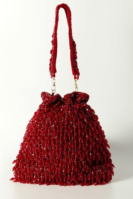 Shop_The Tan Clan_Red Crystals, Beads Rosa Fringe Encrusted Potli Bag _Online_at_Aza_Fashions