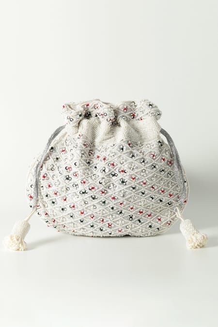 Shop_The Tan Clan_White Pearls Shubhra Floret Jaal Potli Bag _Online_at_Aza_Fashions