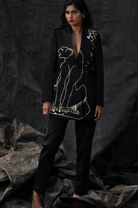 Ekastories Black Cotton Embroidery Panther Blazer And Set Online at Aza Fashions Ekastories_Black Cotton Embroidery Panther Blazer And Set_Online_at_Aza_Fashions