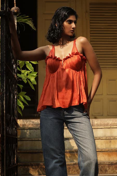 Shop_Ekastories_Orange Modal Ruffles Detailing Sweetheart Neck Bralette_at_Aza_Fashions