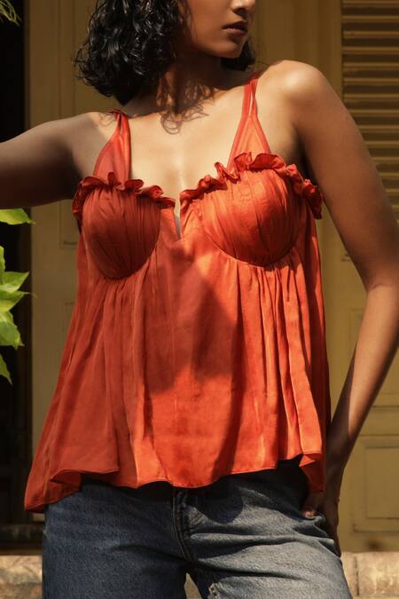 Buy_Ekastories_Orange Modal Ruffles Detailing Sweetheart Neck Bralette_Online_at_Aza_Fashions