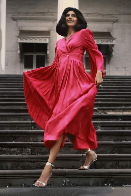 Buy Pink Modal V Neck Hand Dyed Overlapping Pleated Dress For