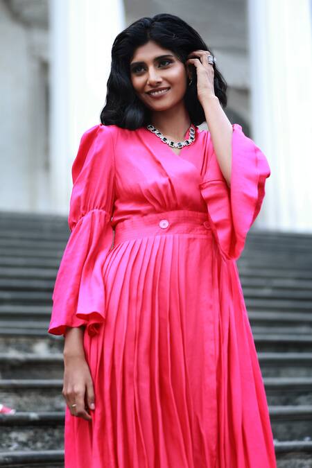 Shop Ekastories Pink Modal V-neck Hand Dyed Overlapping Pleated Dress at Aza Fashions Shop_Ekastories_Pink Modal V-neck Hand Dyed Overlapping Pleated Dress_at_Aza_Fashions