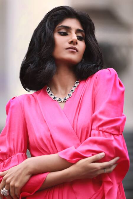 Ekastories Pink Modal V-neck Hand Dyed Overlapping Pleated Dress Online at Aza Fashions Ekastories_Pink Modal V-neck Hand Dyed Overlapping Pleated Dress_Online_at_Aza_Fashions