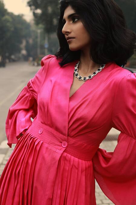 Buy Ekastories Pink Modal V-neck Hand Dyed Overlapping Pleated Dress Online at Aza Fashions Buy_Ekastories_Pink Modal V-neck Hand Dyed Overlapping Pleated Dress_Online_at_Aza_Fashions