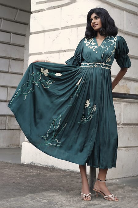 Shop_Ekastories_Emerald Green Modal Embroidery V-neck Floral Overlapping Dress_at_Aza_Fashions