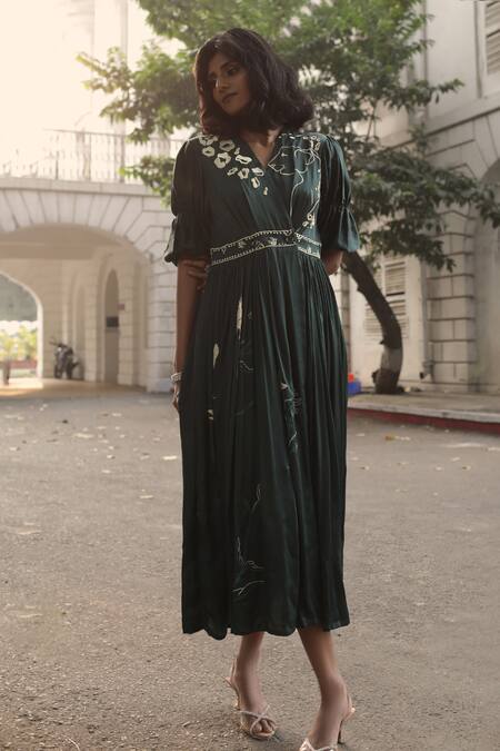 Ekastories_Emerald Green Modal Embroidery V-neck Floral Overlapping Dress_Online_at_Aza_Fashions