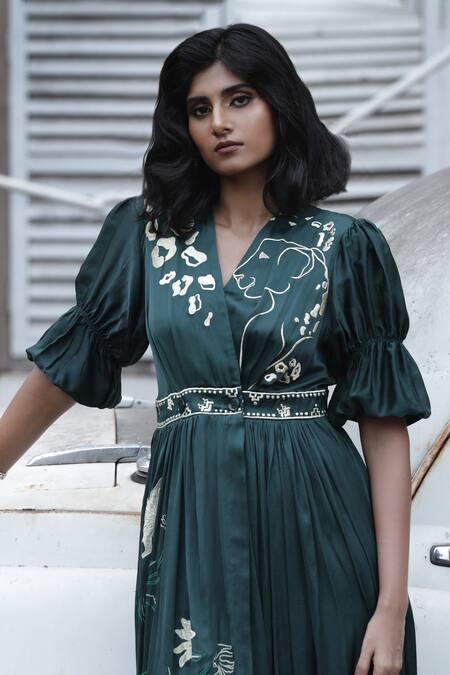 Buy_Ekastories_Emerald Green Modal Embroidery V-neck Floral Overlapping Dress_Online_at_Aza_Fashions