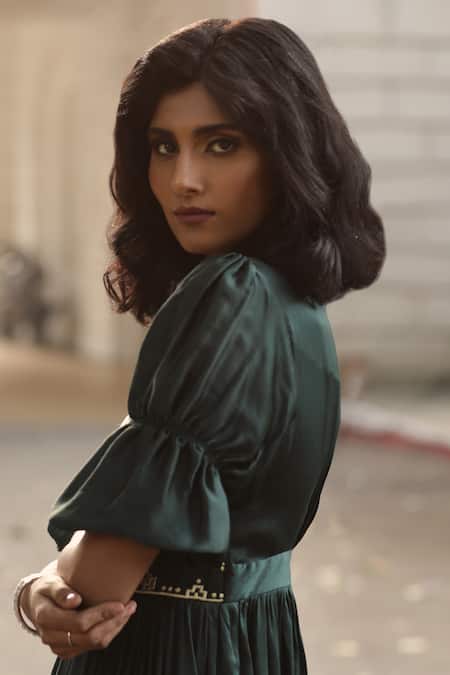 Shop_Ekastories_Emerald Green Modal Embroidery V-neck Floral Overlapping Dress_Online_at_Aza_Fashions