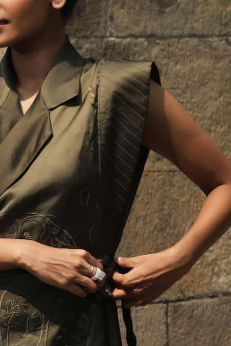 Buy_Ekastories_Green Modal Embroidery Collared Wrap Blazer Dress _Online_at_Aza_Fashions