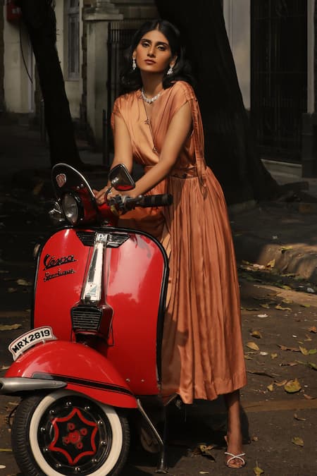 Shop Ekastories Gold Modal Embroidery V-neck Geometric Overlapping Bodice Dress at Aza Fashions Shop_Ekastories_Gold Modal Embroidery V-neck Geometric Overlapping Bodice Dress_at_Aza_Fashions