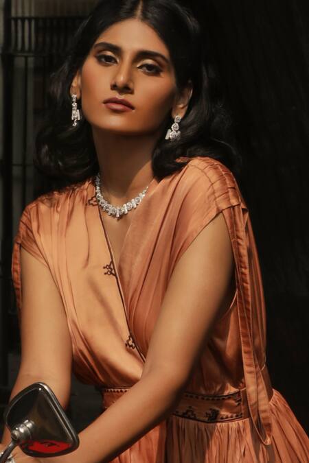 Buy Ekastories Gold Modal Embroidery V-neck Geometric Overlapping Bodice Dress Online at Aza Fashions Buy_Ekastories_Gold Modal Embroidery V-neck Geometric Overlapping Bodice Dress_Online_at_Aza_Fashions