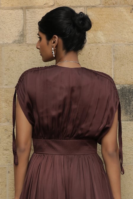 Shop Ekastories Brown Modal V-neck Overlapping Bodice Solid Midi Dress at Aza Fashions Shop_Ekastories_Brown Modal V-neck Overlapping Bodice Solid Midi Dress_at_Aza_Fashions
