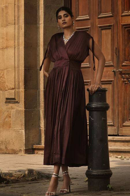 Ekastories Brown Modal V-neck Overlapping Bodice Solid Midi Dress Online at Aza Fashions Ekastories_Brown Modal V-neck Overlapping Bodice Solid Midi Dress_Online_at_Aza_Fashions