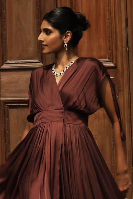 Shop Ekastories Brown Modal V-neck Overlapping Bodice Solid Midi Dress Online at Aza Fashions Shop_Ekastories_Brown Modal V-neck Overlapping Bodice Solid Midi Dress_Online_at_Aza_Fashions