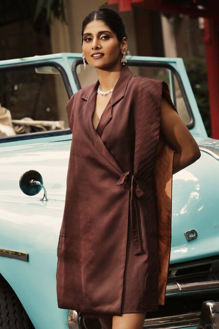 Buy Ekastories Brown Modal Collared Solid Quilted Panels Kimono Short Dress Online at Aza Fashions Buy_Ekastories_Brown Modal Collared Solid Quilted Panels Kimono Short Dress_Online_at_Aza_Fashions