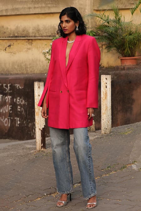 Shop_Ekastories_Pink Modal Solid Tailored Lapel Collar Blazer _at_Aza_Fashions