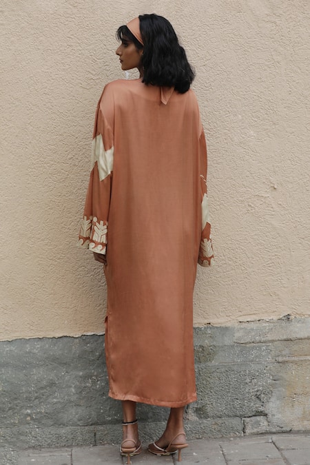 Shop Ekastories Gold Modal Embroidery Round Neck Floral Side Slit Kaftan Dress at Aza Fashions Shop_Ekastories_Gold Modal Embroidery Round Neck Floral Side Slit Kaftan Dress_at_Aza_Fashions