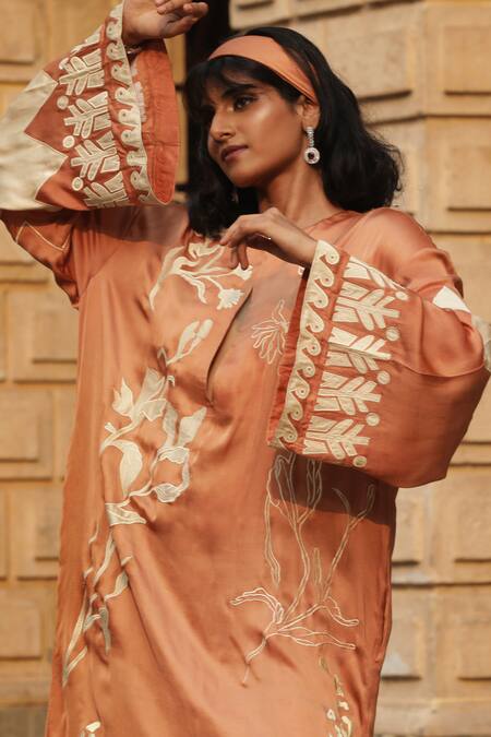 Buy Ekastories Gold Modal Embroidery Round Neck Floral Side Slit Kaftan Dress Online at Aza Fashions Buy_Ekastories_Gold Modal Embroidery Round Neck Floral Side Slit Kaftan Dress_Online_at_Aza_Fashions