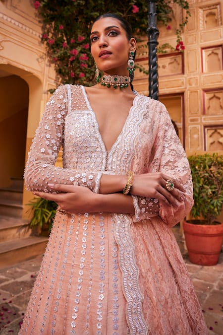 The Royaleum Peach Silk, Lace Sequins, Daiva Anarkali With Dupatta Online at Aza Fashions The Royaleum_Peach Silk, Lace Sequins, Daiva Anarkali With Dupatta _Online_at_Aza_Fashions