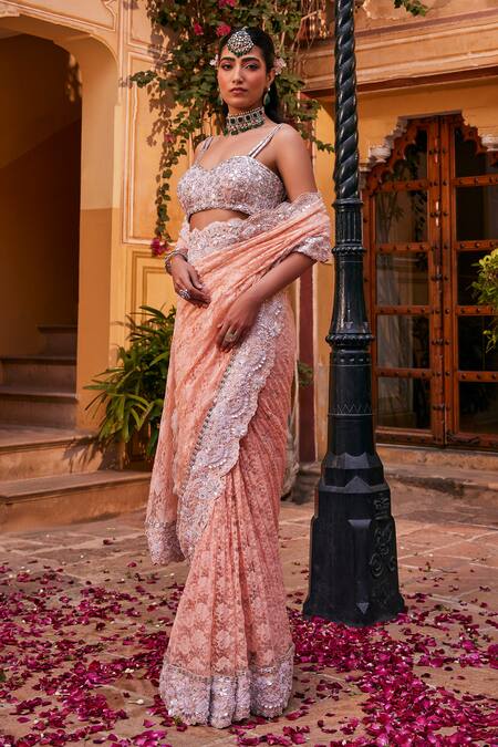 The Royaleum_Peach Silk, Lace Sequins, Cut Work, Stones Sweetheart Neck Embroidered Saree Set_Online_at_Aza_Fashions