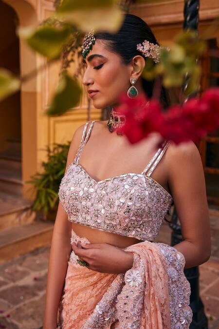 Buy_The Royaleum_Peach Silk, Lace Sequins, Cut Work, Stones Sweetheart Neck Embroidered Saree Set_Online_at_Aza_Fashions