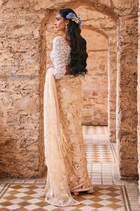 Shop The Royaleum Beige Net Sequins, Embroidery, Beads, Cut Work Scoop Neck Saree Set at Aza Fashions Shop_The Royaleum_Beige Net Sequins, Embroidery, Beads, Cut Work Scoop Neck Saree Set _at_Aza_Fashions