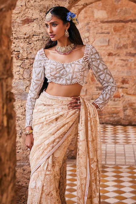 The Royaleum Beige Net Sequins, Embroidery, Beads, Cut Work Scoop Neck Saree Set Online at Aza Fashions The Royaleum_Beige Net Sequins, Embroidery, Beads, Cut Work Scoop Neck Saree Set _Online_at_Aza_Fashions