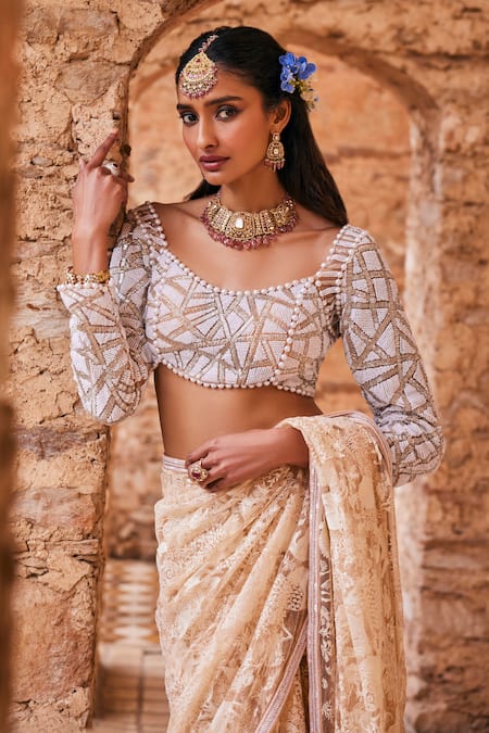Buy The Royaleum Beige Net Sequins, Embroidery, Beads, Cut Work Scoop Neck Saree Set Online at Aza Fashions Buy_The Royaleum_Beige Net Sequins, Embroidery, Beads, Cut Work Scoop Neck Saree Set _Online_at_Aza_Fashions