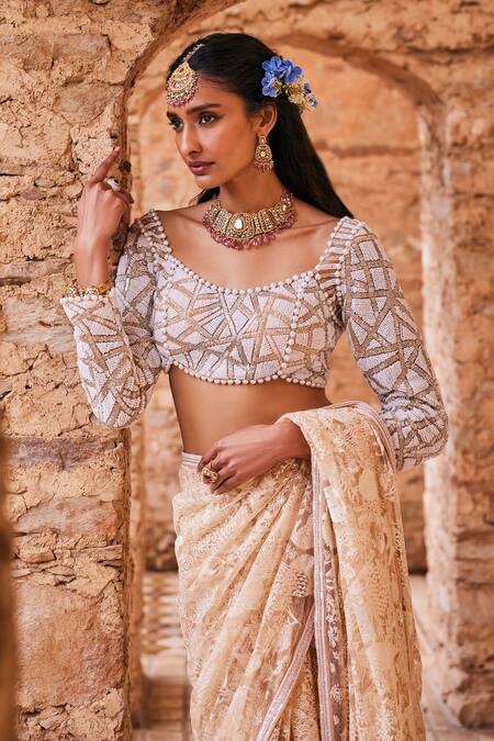 Shop The Royaleum Beige Net Sequins, Embroidery, Beads, Cut Work Scoop Neck Saree Set Online at Aza Fashions Shop_The Royaleum_Beige Net Sequins, Embroidery, Beads, Cut Work Scoop Neck Saree Set _Online_at_Aza_Fashions
