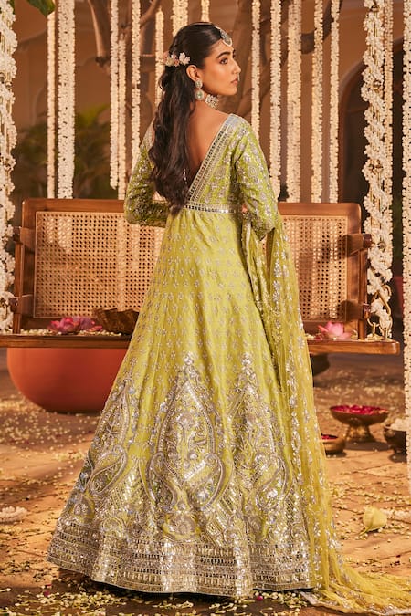 Shop The Royaleum Green Silk, Net Sequins, Stones, Mehr Embellished Anarkali With Dupatta at Aza Fashions Shop_The Royaleum_Green Silk, Net Sequins, Stones, Mehr Embellished Anarkali With Dupatta _at_Aza_Fashions