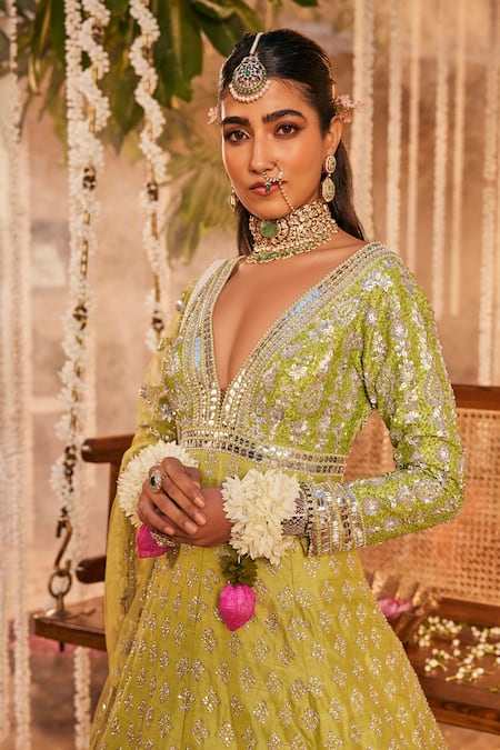 The Royaleum Green Silk, Net Sequins, Stones, Mehr Embellished Anarkali With Dupatta Online at Aza Fashions The Royaleum_Green Silk, Net Sequins, Stones, Mehr Embellished Anarkali With Dupatta _Online_at_Aza_Fashions