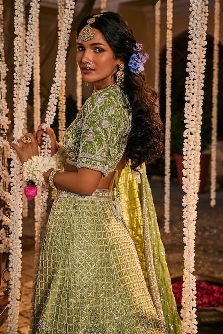 Shop The Royaleum Green Silk, Crepe Beads, Dilkash Cutdana And Embellished Bridal Lehenga Set at Aza Fashions Shop_The Royaleum_Green Silk, Crepe Beads, Dilkash Cutdana And Embellished Bridal Lehenga Set _at_Aza_Fashions