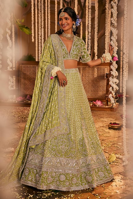 The Royaleum Green Silk, Crepe Beads, Dilkash Cutdana And Embellished Bridal Lehenga Set Online at Aza Fashions The Royaleum_Green Silk, Crepe Beads, Dilkash Cutdana And Embellished Bridal Lehenga Set _Online_at_Aza_Fashions