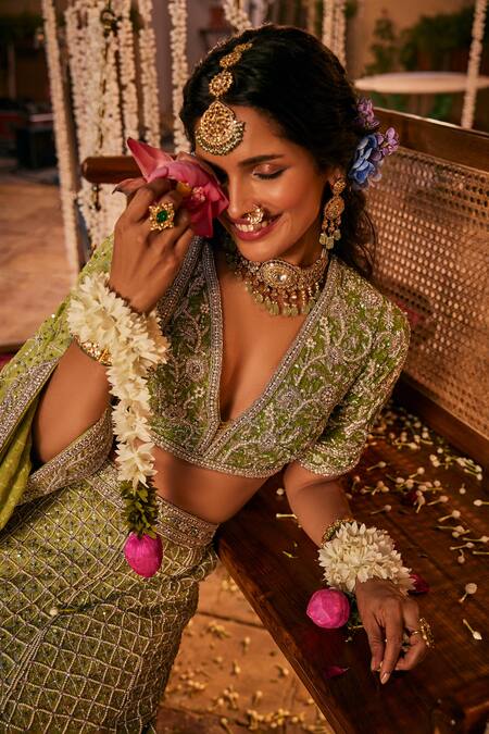 Buy The Royaleum Green Silk, Crepe Beads, Dilkash Cutdana And Embellished Bridal Lehenga Set Online at Aza Fashions Buy_The Royaleum_Green Silk, Crepe Beads, Dilkash Cutdana And Embellished Bridal Lehenga Set _Online_at_Aza_Fashions